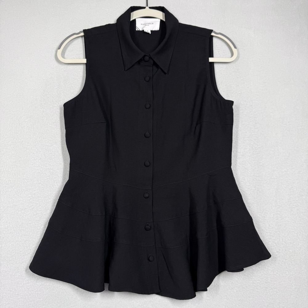 Pomander Place Tuckernuck Top‎ Womens Ashlen Blouse Flared Hem Black Sleeveless